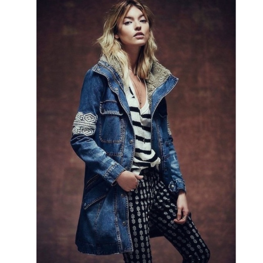 Free People Rendered Denim embroidered Sherpa trade